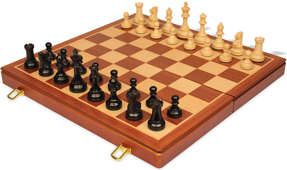 British Staunton Chess Set - Ebonized & Boxwood Pieces - Folding Mahogany Case - 3.5" King